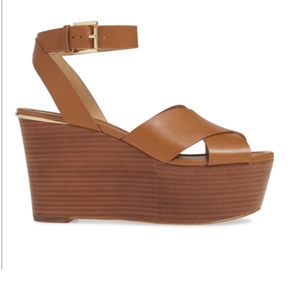 MICHAEL Michael Kors Tan Leather Platform Wedge Sandals - Picture 3 of 9